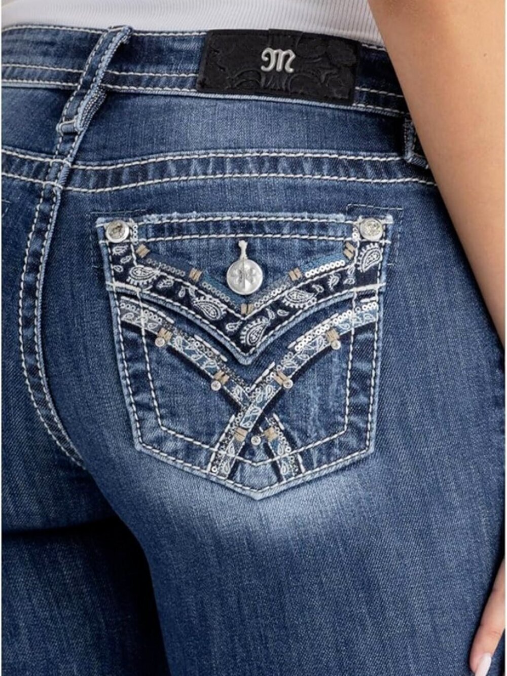 NWT Miss Me Women's Criss Cross Paisley Faux Flap Pocket Mid-Rise Bootcut Jeans